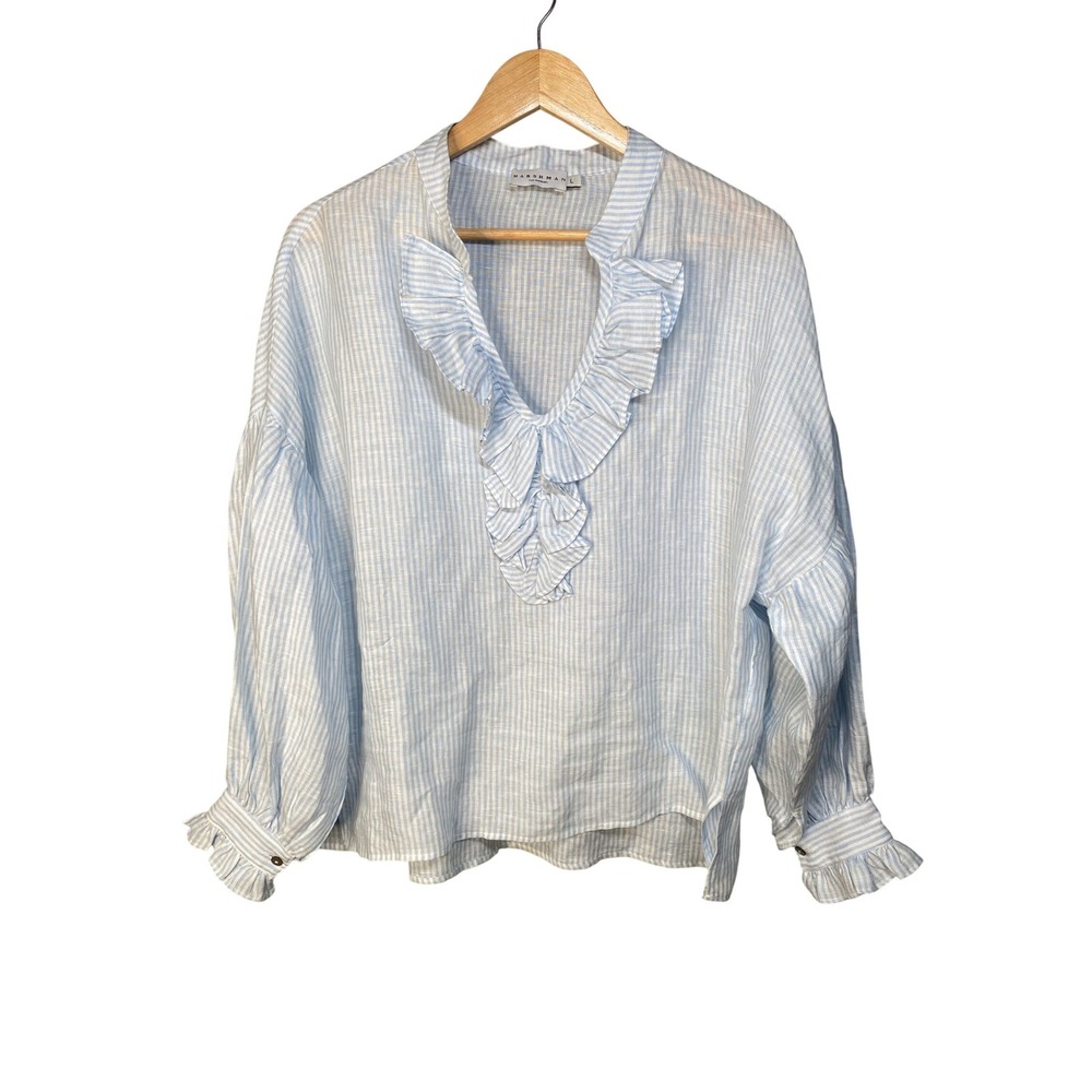 Harshman Linen Shirt Womens Large Striped Coastal Cottage Beach Boho Chic Shabby